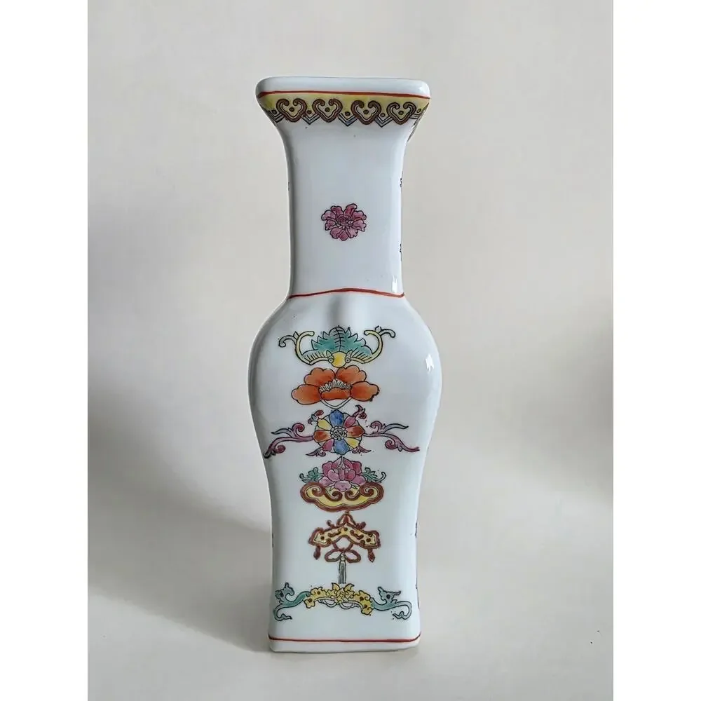 Chinese Porcelain Square Vase Hand Painted Floral Decor 10
